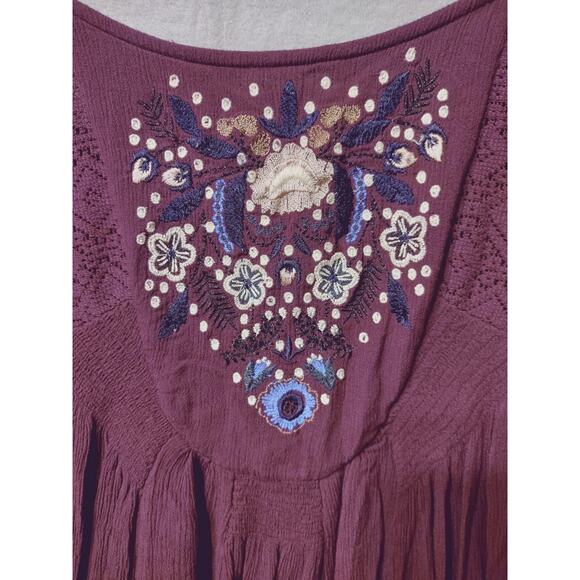 Free People Boho Tunic Top M Burgundy Embroidered Long Sleeve Peasant Blouse - Picture 2 of 10
